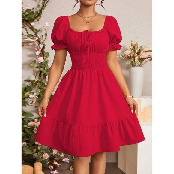 Rafferiza Summer Casual Solid Color Puff Sleeve Fitted Waist Dress - Picture 1 of 6